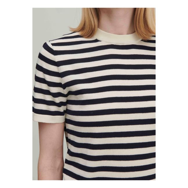Organic Cotton Fine Knit Striped T-Shirt - Women's Collection | Ecru
