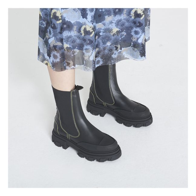 Chelsea Boots Mi-Hautes Cuir Coutures Jaunes | Noir