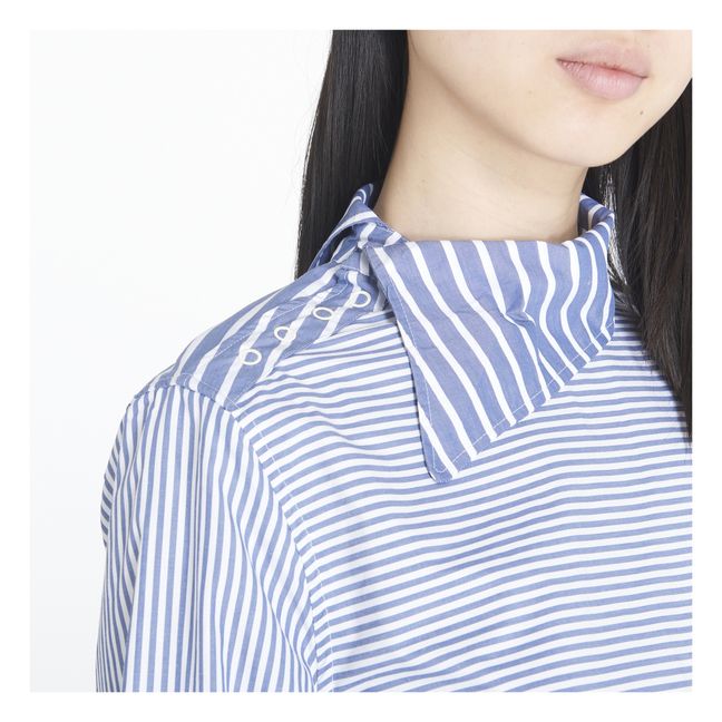 Camicia in cotone organico a righe con colletto asimmetrico | Blu