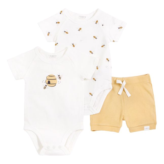 Set of 2 Bees  Organic Cotton Bodysuits with Shorts | Ecru