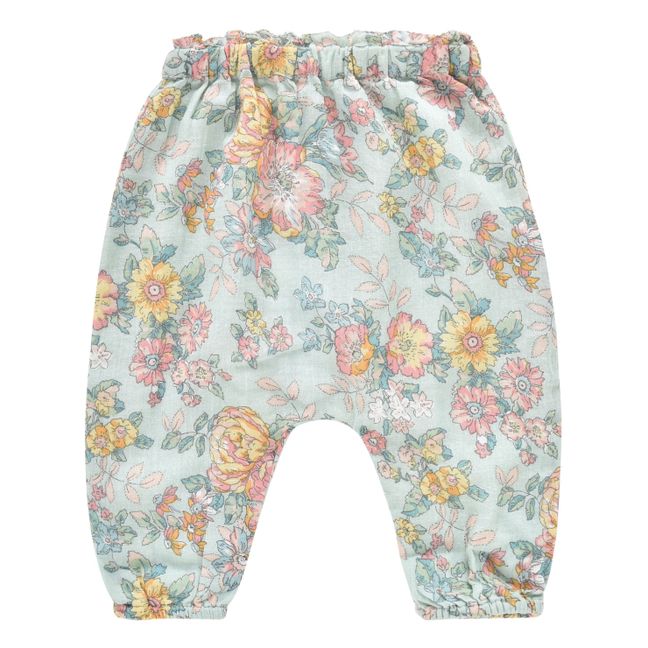 Pantalones Sarouel de algodón orgánico floreados Amandine | Verde agua