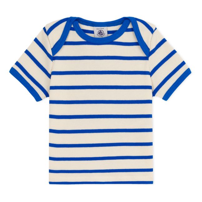 T-shirt Manches Courtes en Maille Cotelée Rayée | Bleu