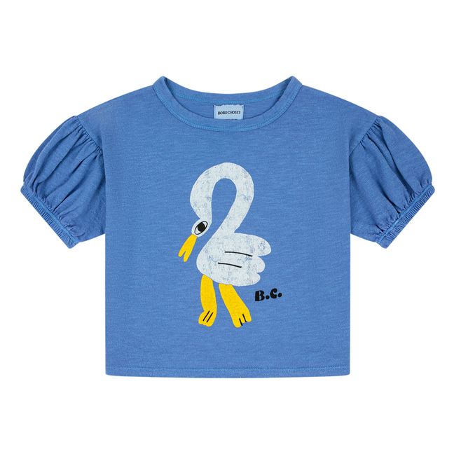 Puff Sleeve Organic Cotton Pelican T-Shirt | Blu