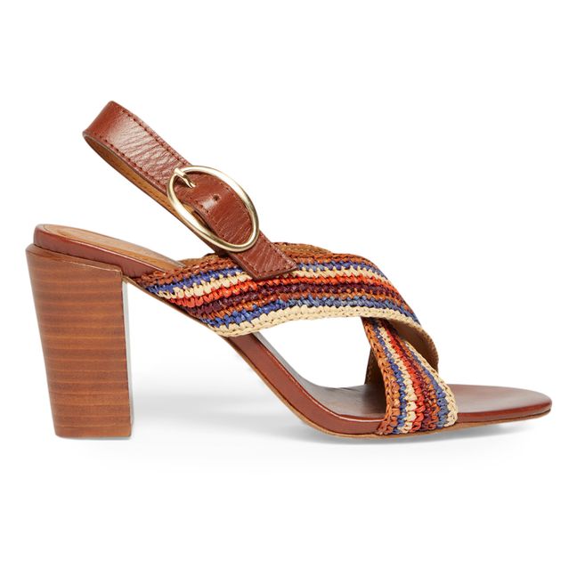 80MM Striped Raffia and Leather High Heels Sandals | Kamelbraun