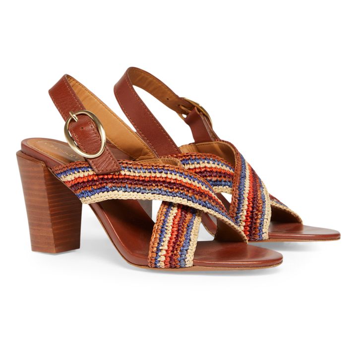 80MM Striped Raffia and Leather High Heels Sandals | Camel- Imagen del producto n°1
