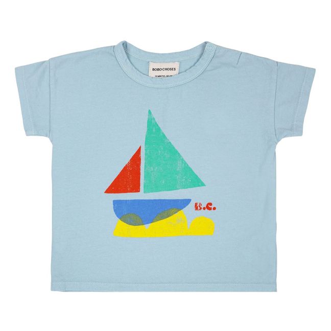 Camiseta de algodón orgánico con estampado de barco | Azul Cielo