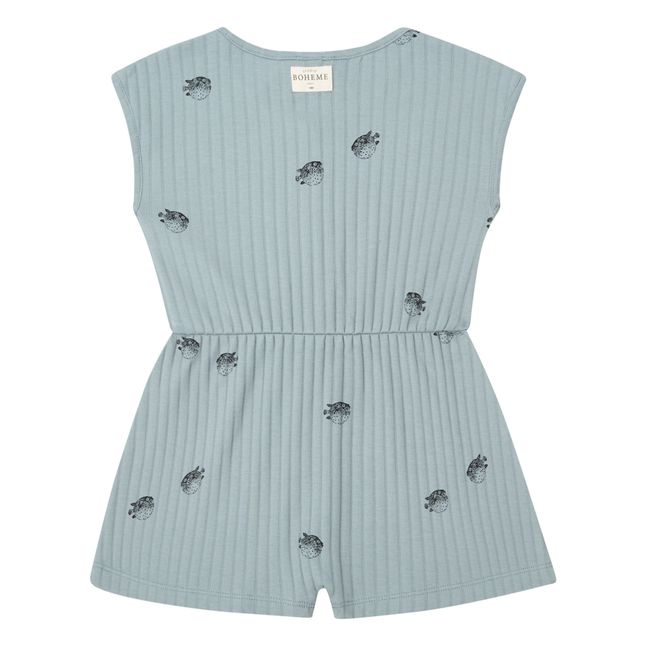 Mono corto acanalado de algodón orgánico con estampado de peces Loulou | Azul Gris