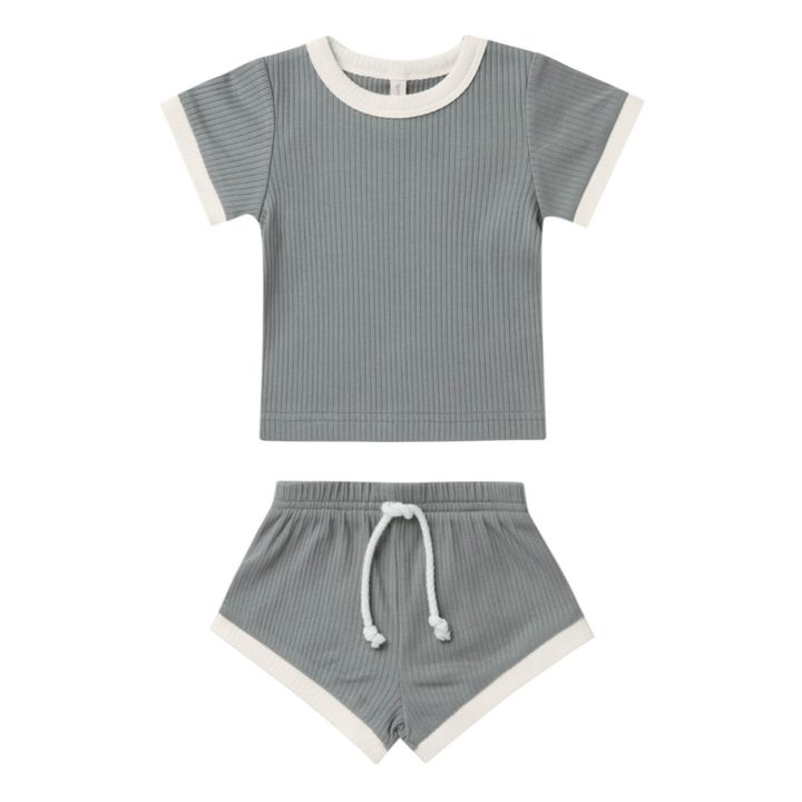 Camiseta + shorts acanalados de algodón orgánico | Azul Gris- Imagen del producto n°0