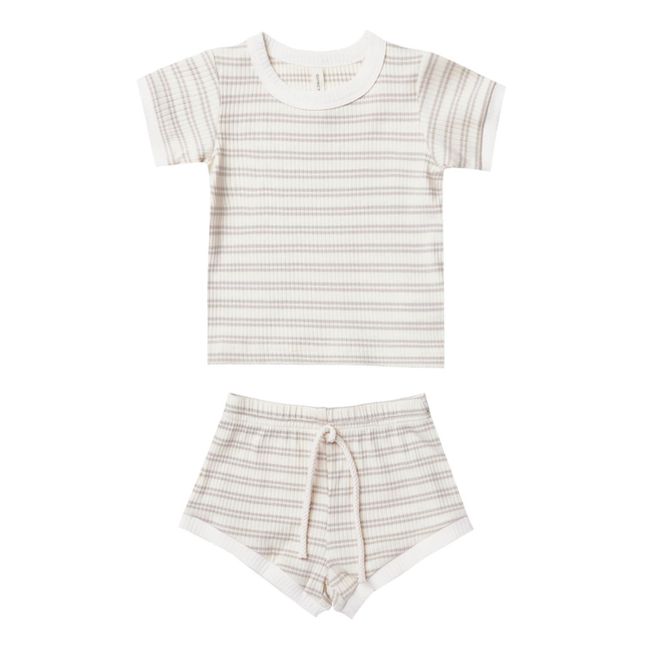 Ribbed Organic Cotton Striped T-shirt + Shorts | Gris Claro