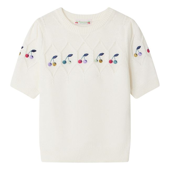 Alphonza Short Sleeved Embroidered Cherries Sweater | Ecru