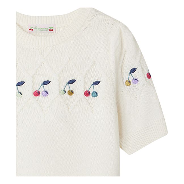 Alphonza Short Sleeved Embroidered Cherries Sweater | Ecru