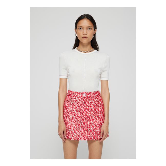 Linen Embroidered Flower Skirt | Rosso lampone