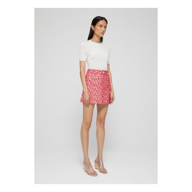 Linen Embroidered Flower Skirt | Rosso lampone
