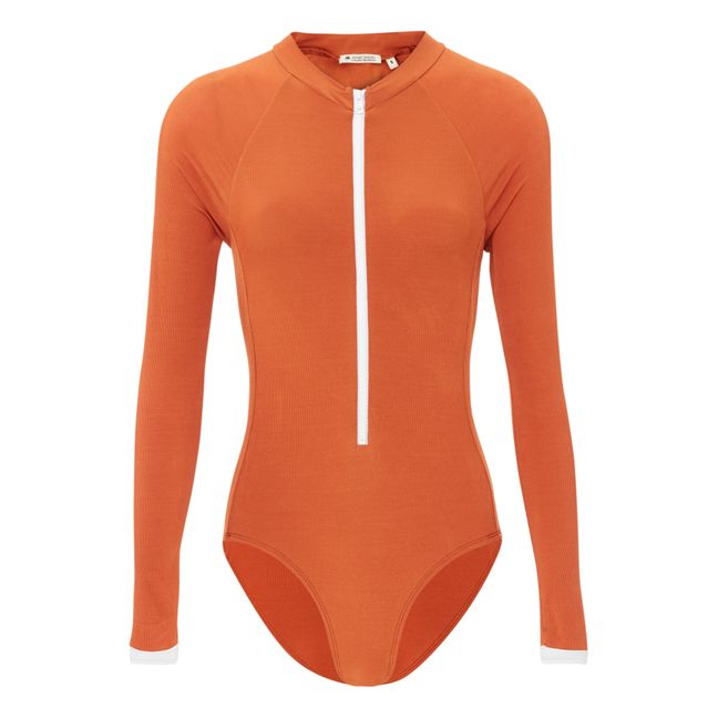 UV-Schutz-Badeanzug Gerippt aus recyceltem Material Uni Damenkollektion | Terracotta