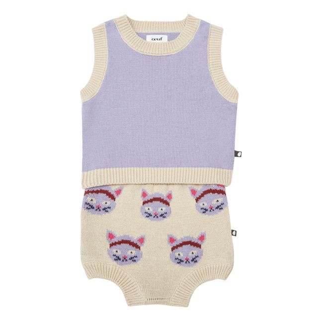 Knitted Top + Bloomer Set with Cat Print | Mauve
