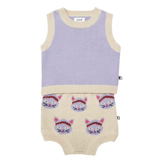 Ensemble Top + Bloomer Maille Imprimé Chat | Mauve