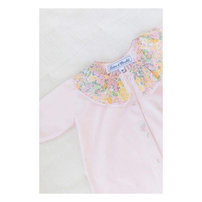 Exclusive Liberty Print Hand Embroidered Smocked Collar Footed Pyjamas | Rosa chiaro