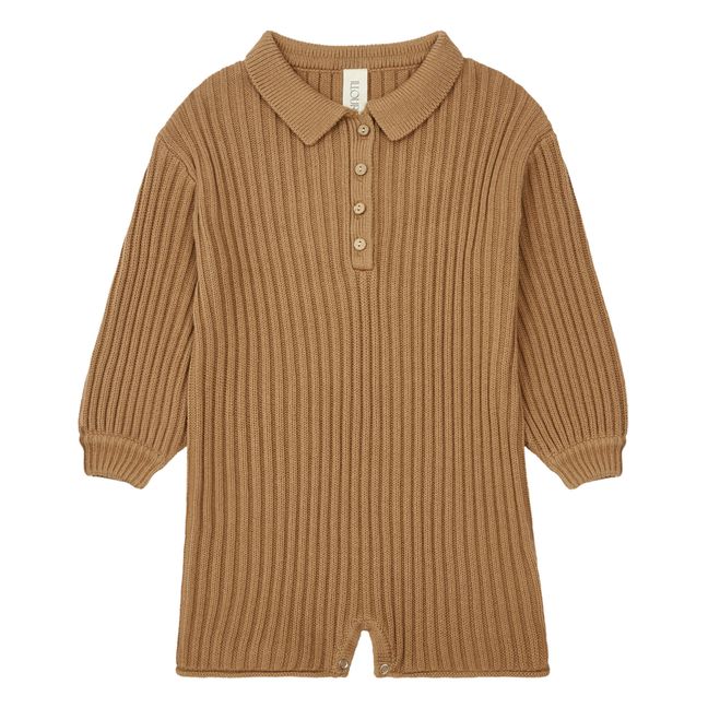 Organic Cotton Long Sleeved Ribbed Knit Romper | Brown