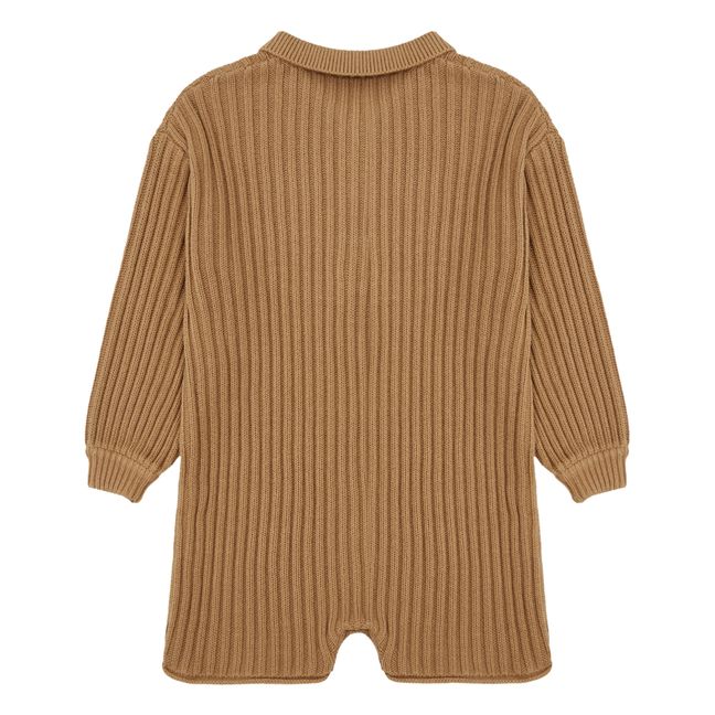 Organic Cotton Long Sleeved Ribbed Knit Romper | Brown