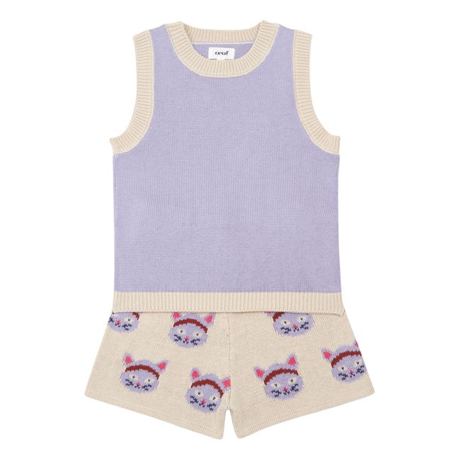 Knitted Top + Shorts Set with Cat Print | Mauve
