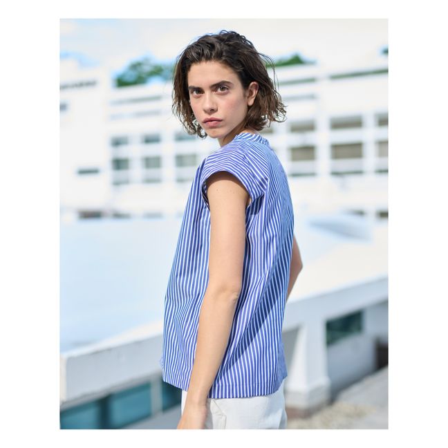 Garden Striped Cotton Poplin Top | Blau