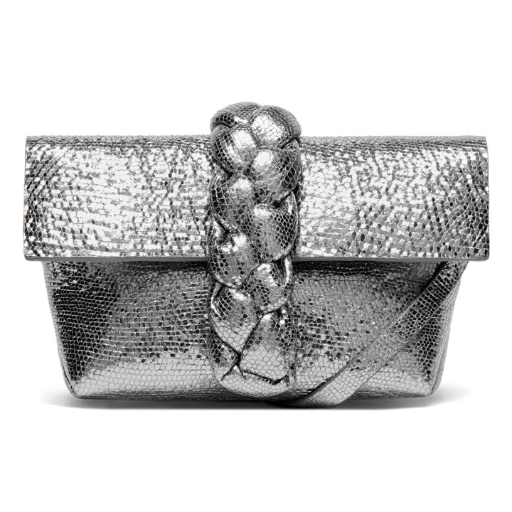 Metallic Silver Snakeskin Leather Small Satchel Top Handle Bag