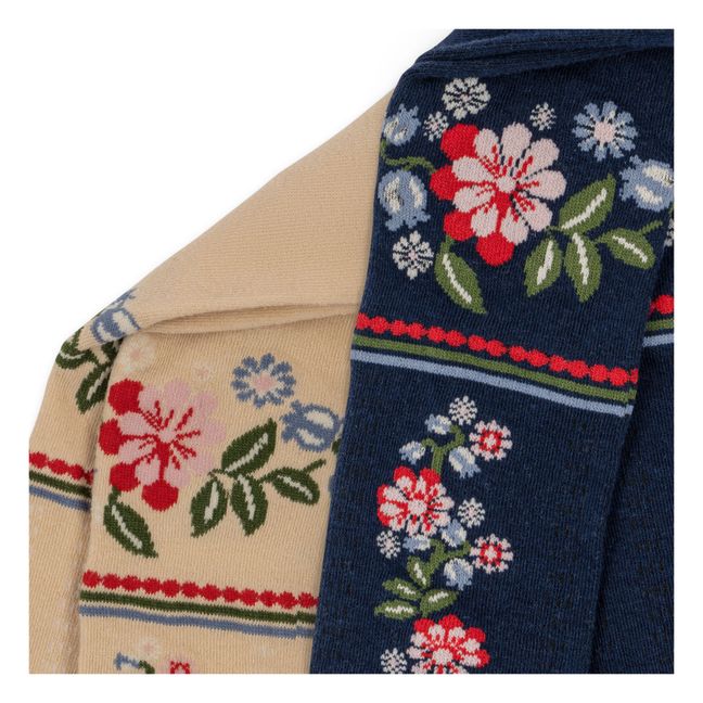 Set di 2 Paia di Collant in Cotone Organico Jacquard Fiori | Blu marino