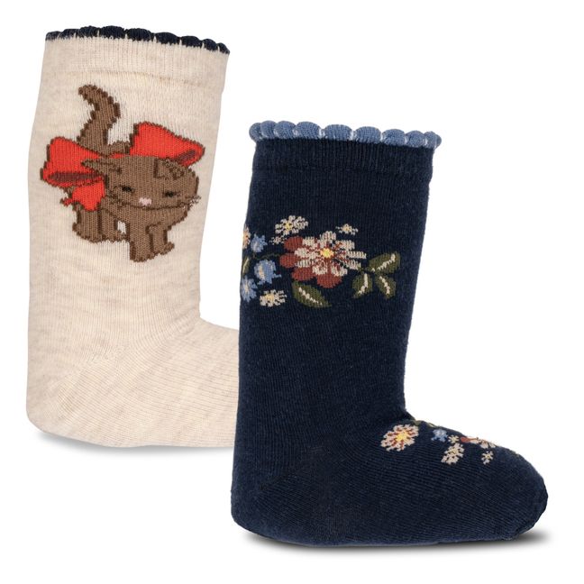 Organic Cotton Flower and Cat Socks - Set of 2 | Navy blue