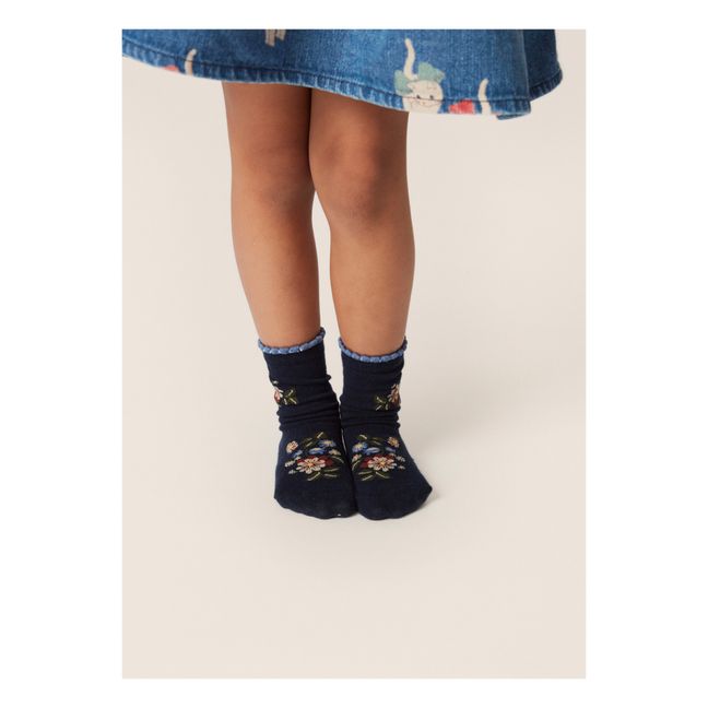 Organic Cotton Flower and Cat Socks - Set of 2 | Navy