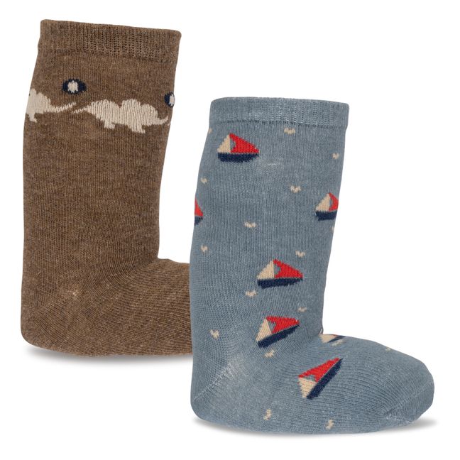 Lot 2 Paires Chaussettes Coton Bio Eléphants Bateaux Lapis | Marron