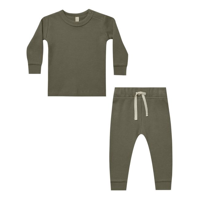 Maglietta e pantaloni in cotone organico in rilievo | Verde scuro