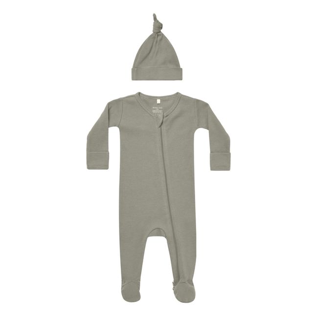 Pyjama + Mütze aus Bio-Baumwolle mit Waffelmuster | Blasses Grün