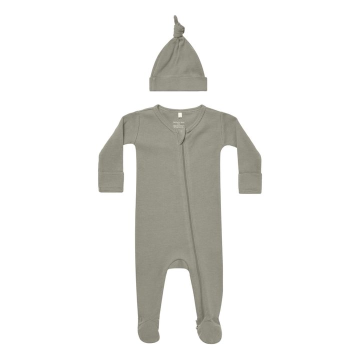 Pijama + gorro de algodón ecológico Waffle | Verde Pálido- Imagen del producto n°0