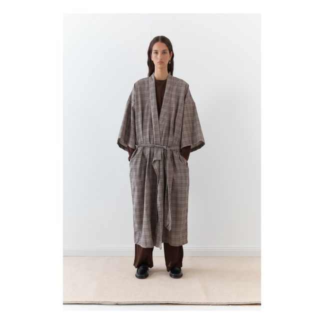 02 Belted Linen Check Dress | Maulwurfsgrau