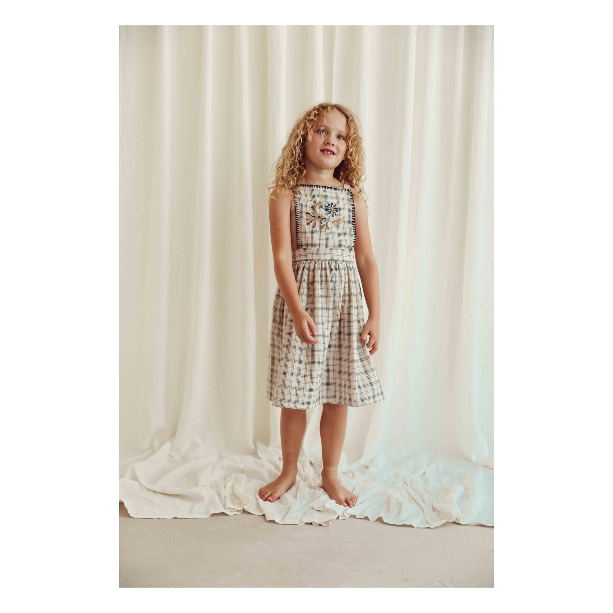 Liilu Shira Organic Cotton Checked Pinafore Dress Beige