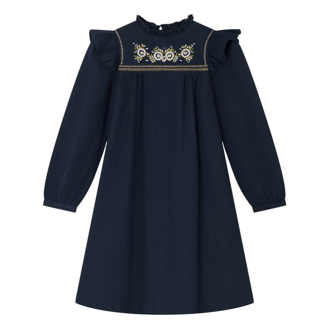 Robe Laine et Coton Brodée Tilia | Bleu marine