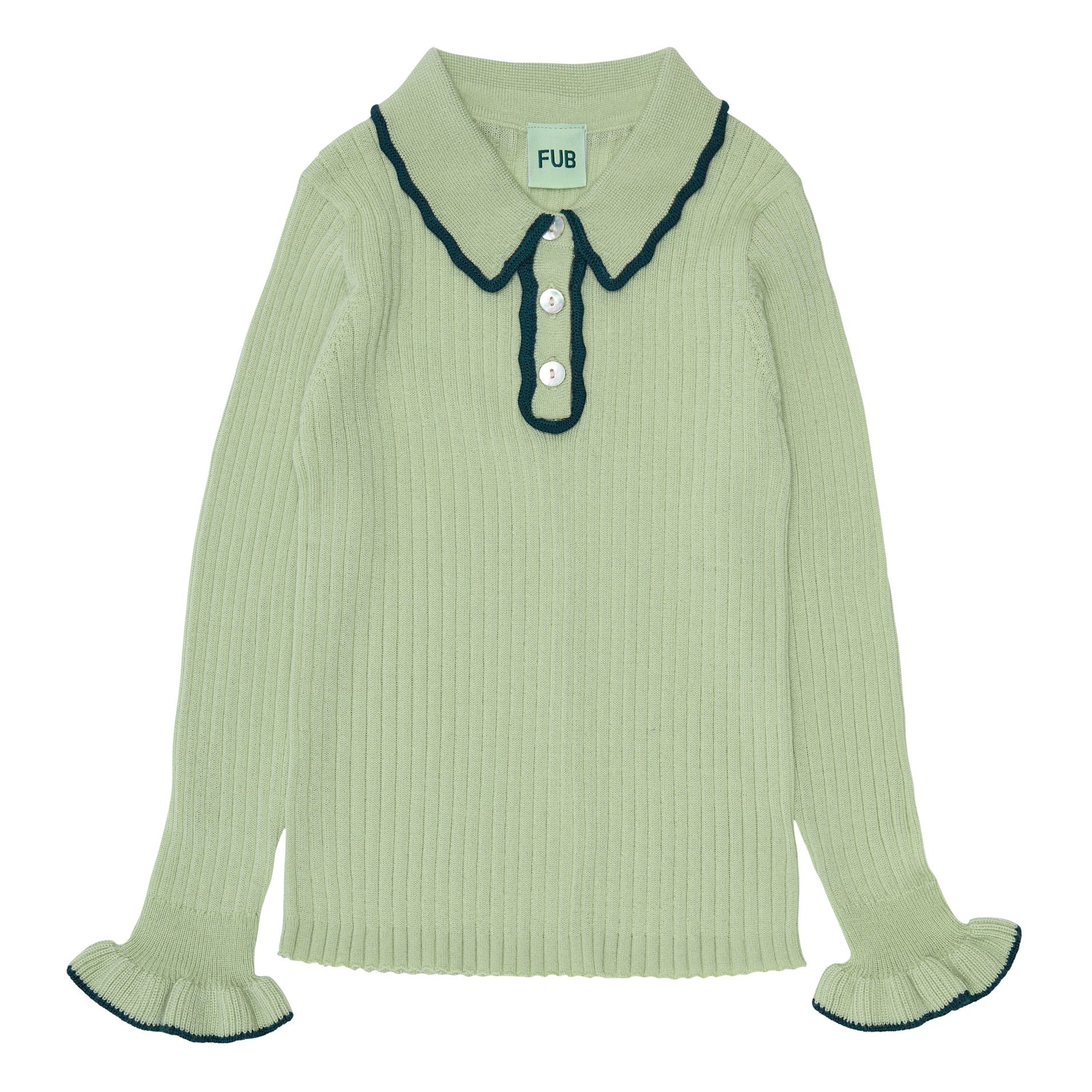 FUB Polo-Pullover mit Volants Feinstrick Merino Wolle | Mandelgrün
