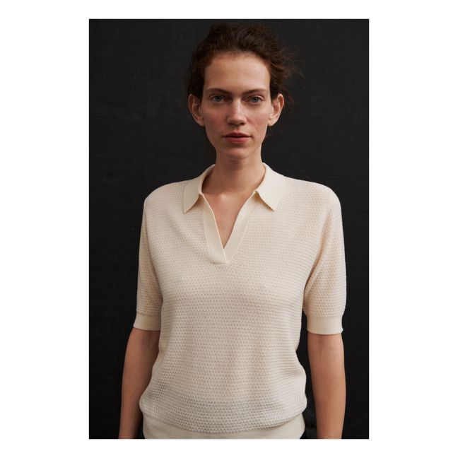 Merino Wool Fine Knit Polo Shirt - Women's Collection | Ecru