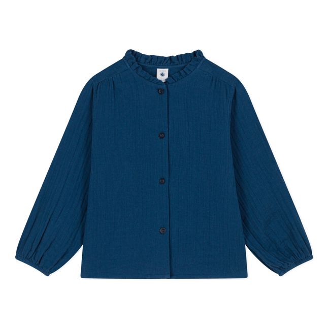 Blusa de gasa de algodón con cuello fruncido | Azul
