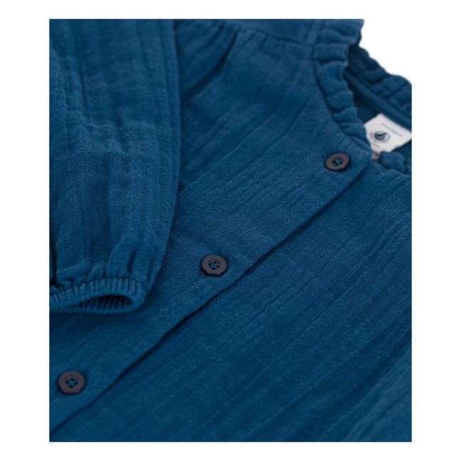 Blusa de gasa de algodón con cuello fruncido | Azul