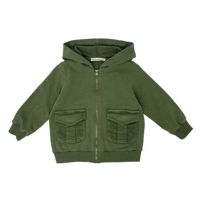 Felpa con Zip Cappuccio e Tasche in Velluto | Verde militare