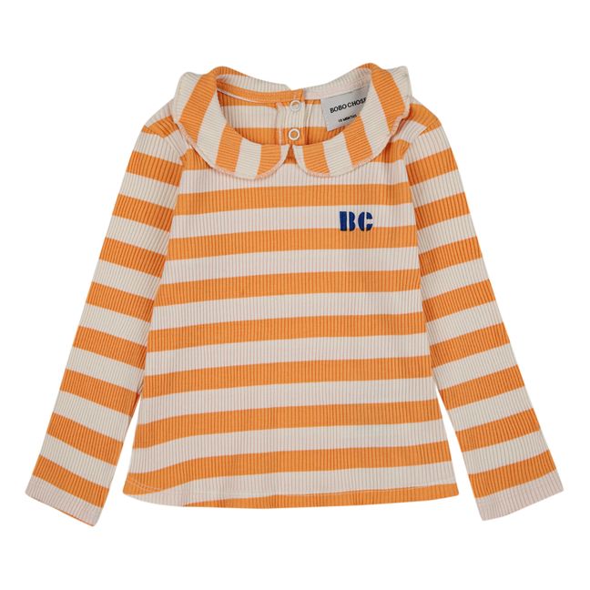Camiseta acanalada de algodón orgánico a rayas | Naranja