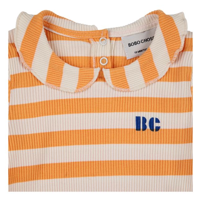 Camiseta acanalada de algodón orgánico a rayas | Naranja