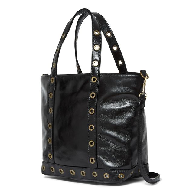 Small Shopping Bag with Wrinkled Leather Shoulder Strap | Black