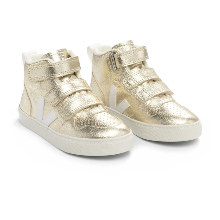 Veja - V-10 Mid Scratch Leather Filled Sneakers - Gold | Smallable