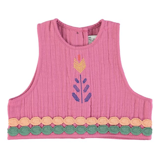 Top Triple Gaze de Coton Broderie | Rouge framboise