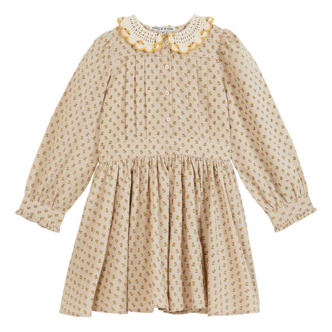 Vestito a Fiori con Colletto Crochet Ricamato a Mano | Beige