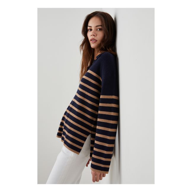 Pull Col Polo Harris Rayures Mérinos | Blu marino