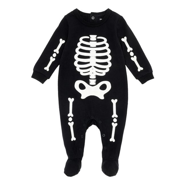 Pijama de una pieza de algodón orgánico Esqueleto fosforescente | Negro