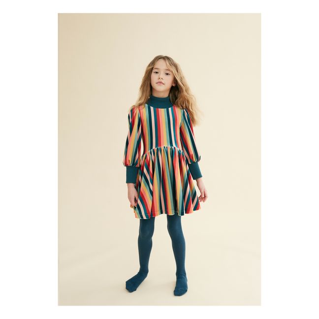 Robe en Velours Rayé Manches Bouffantes | Bleu